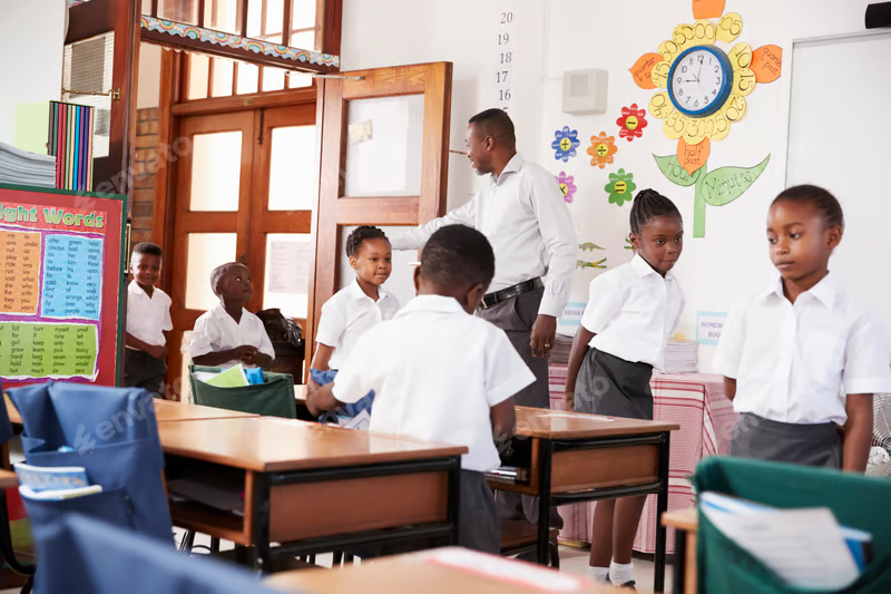 A teacher helping uniformed pupils at their desks
